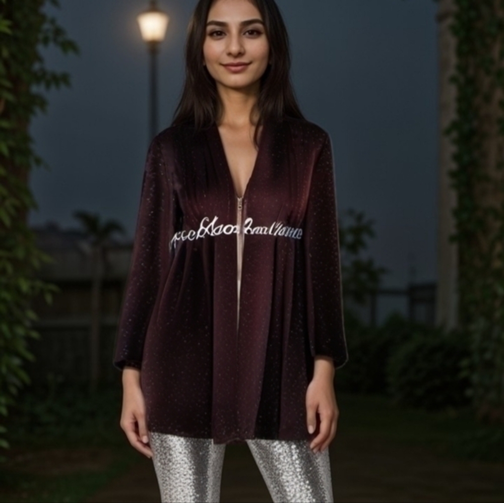 CHICOS TRAVELERS BURGUNDY GLITTER TOP SZ M